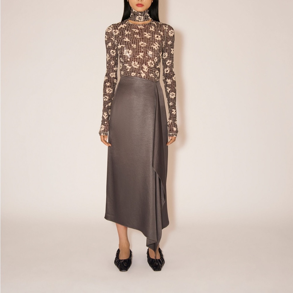 Nanushka Draped Slip Satin Midi Skirt & Hanny Floral Web Cutout Mesh Top Set